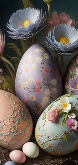 Intricate floral Easter eggs in spring setting.