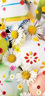 Colorful Easter eggs with daisies and roses creating a vibrant, festive scene.