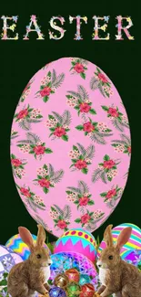 Easter wallpaper with floral egg and bunnies on dark background.