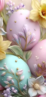 Pastel Easter eggs with floral decorations.