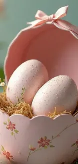 Pink floral Easter egg in nest wallpaper