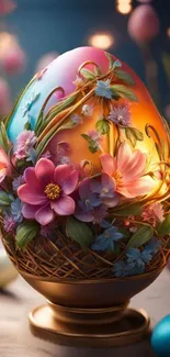 Mobile wallpaper with a floral egg design featuring vibrant pink and orange hues.