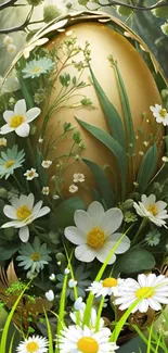 Golden egg with daisies and leaves as wallpaper design.