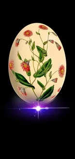 Floral egg with green leaves on black background wallpaper.