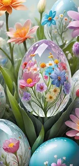 Colorful floral eggs with vibrant flowers.