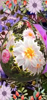 Fantasy wallpaper with floral egg surrounded by colorful flowers.