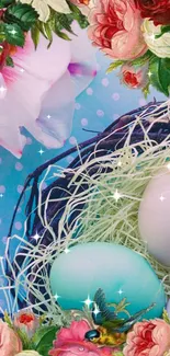 Floral wallpaper with pastel eggs in a nest, surrounded by flowers.