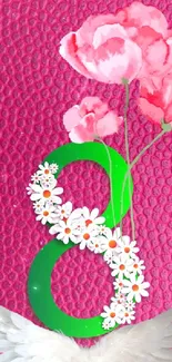 Number eight with flowers and wings on a pink textured background.