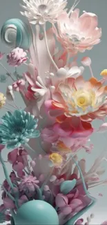 Abstract floral wallpaper with pastel colors and detailed flowers.