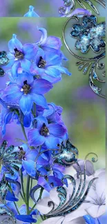 Intricate floral design with vibrant blue and purple flowers on a blurred background.