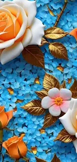 Orange and white roses with gold leaves on blue background.