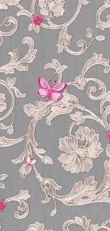 Elegant floral gray wallpaper with pink butterflies.