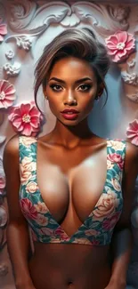Elegant woman in floral themed mobile wallpaper.