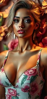 Elegant floral portrait with a vibrant backdrop.