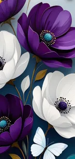 Purple and white floral wallpaper with a butterfly.