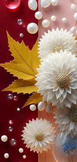 Floral wallpaper with white flowers and autumn leaves.