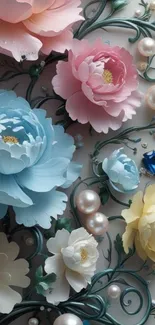 Delicate floral design with pearls and jewels.