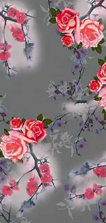 Floral mobile wallpaper with pink roses on a gray background.