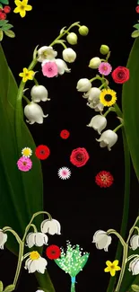 Stylish floral mobile wallpaper with vibrant blossoms on a black background.