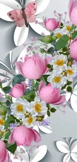 Pink flowers and butterfly on a floral mobile wallpaper.