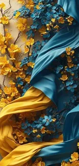 Elegant floral wallpaper with blue and yellow flowers for mobile phones.