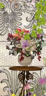 Vibrant floral wallpaper with vase and intricate patterns.