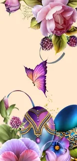 Elegant floral wallpaper with butterflies and colorful blooms.