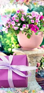 Pink flowers and gift mobile wallpaper.