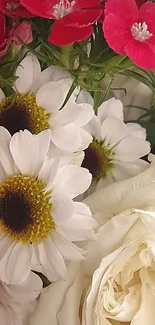 Vivid floral bouquet with daisies and roses.