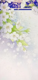 Elegant floral wallpaper with blossoms and soft blue background.