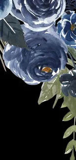 Dark floral mobile wallpaper with blue roses on a black background.