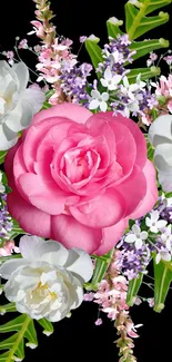 Vibrant floral wallpaper with pink roses and white flowers on a dark background.