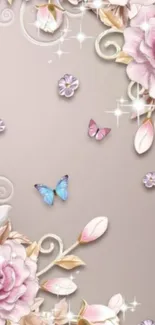 Elegant wallpaper with pink roses and butterflies.