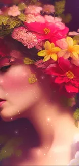 Artistic depiction of woman with floral adornment in vibrant colors.