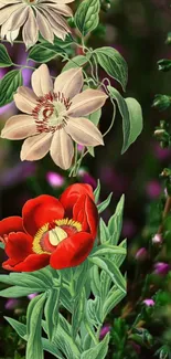 Elegant floral wallpaper with red and beige flowers on a lush background.