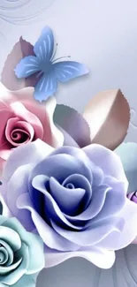 Elegant pastel floral wallpaper with roses and butterfly.