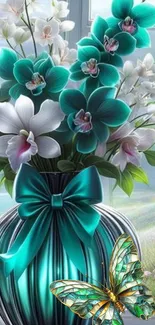 Vibrant teal and white floral bouquet with butterfly.