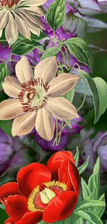 Floral mobile wallpaper with red poppies and beige clematis.