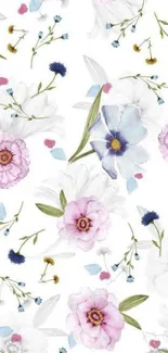 Delicate floral pattern phone wallpaper in pastel hues on a white background.