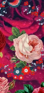 Vibrant floral wallpaper with red and pink roses and intricate patterns.