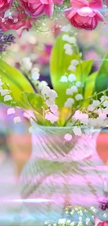 Elegant floral wallpaper with pink blossoms and green leaves.