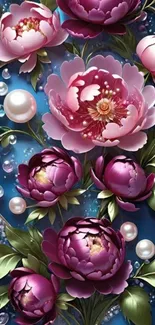 Purple floral wallpaper with green leaves.