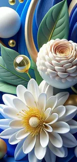 Elegant floral wallpaper with blue background and white flowers.