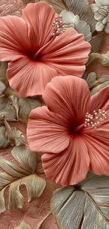 Elegant floral wallpaper with hibiscus flowers and textured leaves.