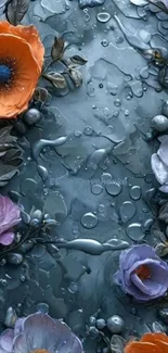 Delicate floral wallpaper with water droplets.