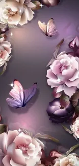 Floral wallpaper with roses and purple butterflies.