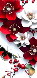 Red and white flowers with a butterfly on mobile wallpaper.