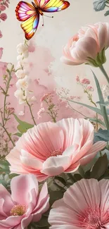 Mobile wallpaper with pink flowers and butterfly design.