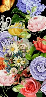 Floral mobile wallpaper with colorful blooms and butterflies on black background.