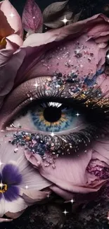 A surreal eye surrounded by vibrant floral elements on a dark backdrop.